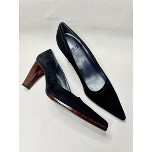 Vintage Y2K Stuart Weitzman Suede Point Toe Pumps Black Faux Wooden Heel Size 8